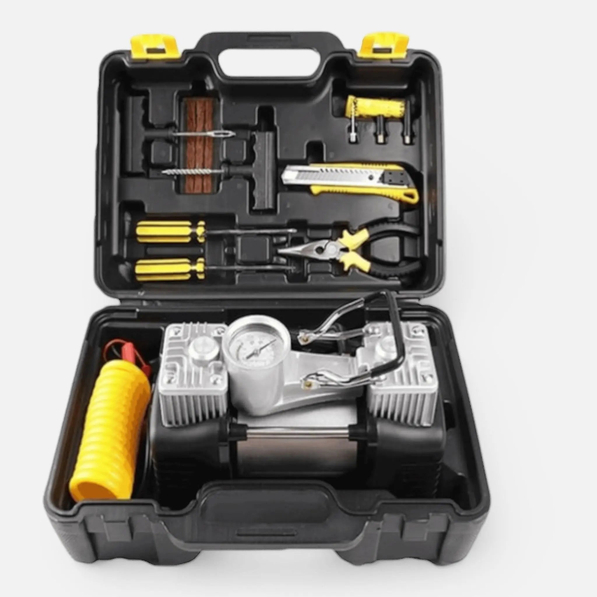 Kit pana auto complet, compresor 2 cilindri, 500W, 12V, debit 60 l/min, furtun 5m, metal, protectie suprasarcina