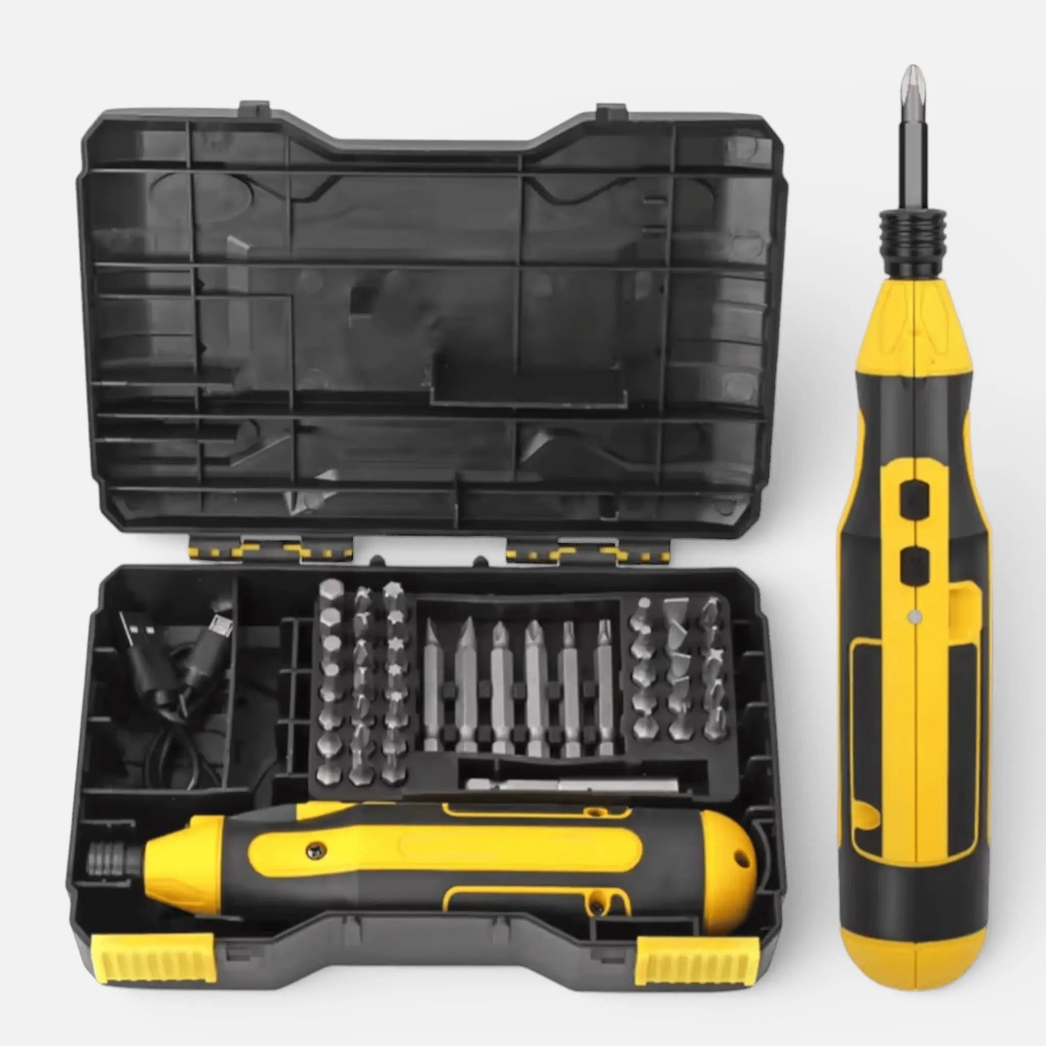 Set surubelnita electrica fara fir, LED, cuplu reglabil, 45 accesorii, USB, compact