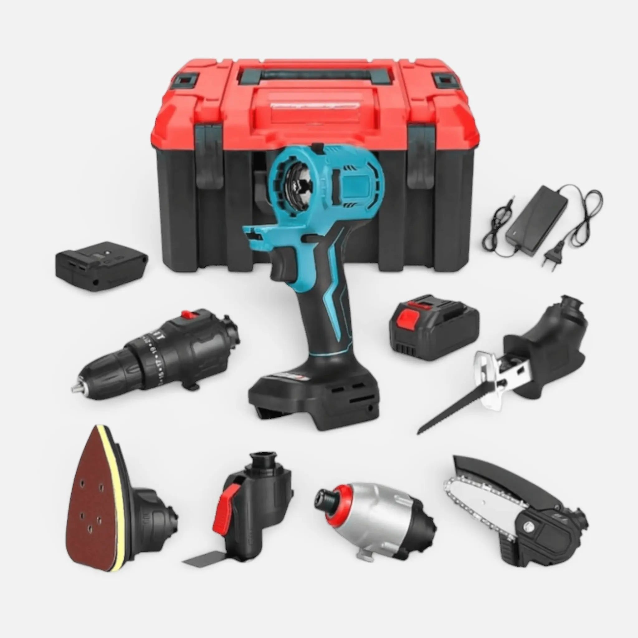 Trusa scule 6in1, 2 acumulatori 48V 8.0Ah, bormasina, drujba, fierastrau sabie, surubelnita, slefuire, lopata