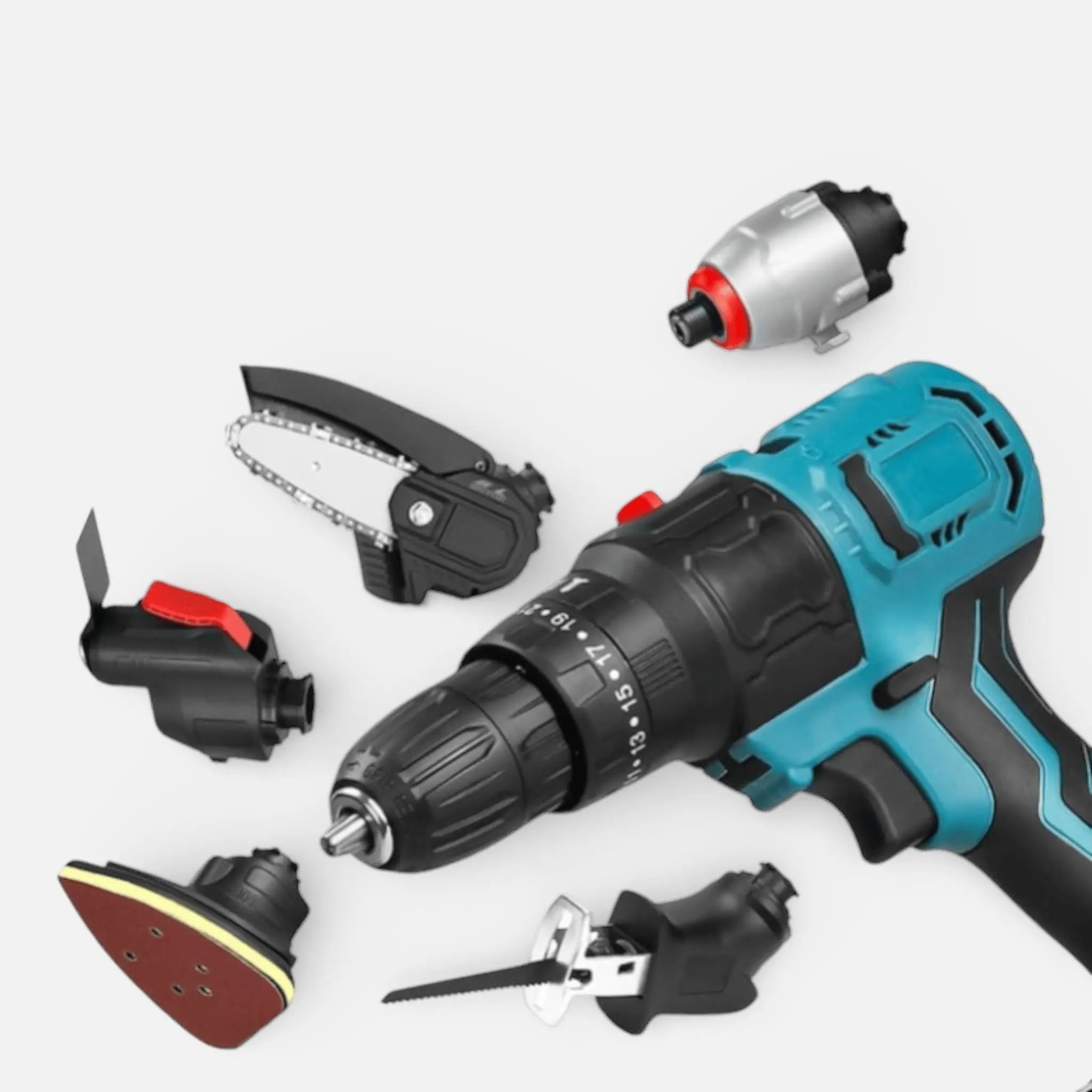 Trusa scule 6in1, 2 acumulatori 48V 8.0Ah, bormasina, drujba, fierastrau sabie, surubelnita, slefuire, lopata