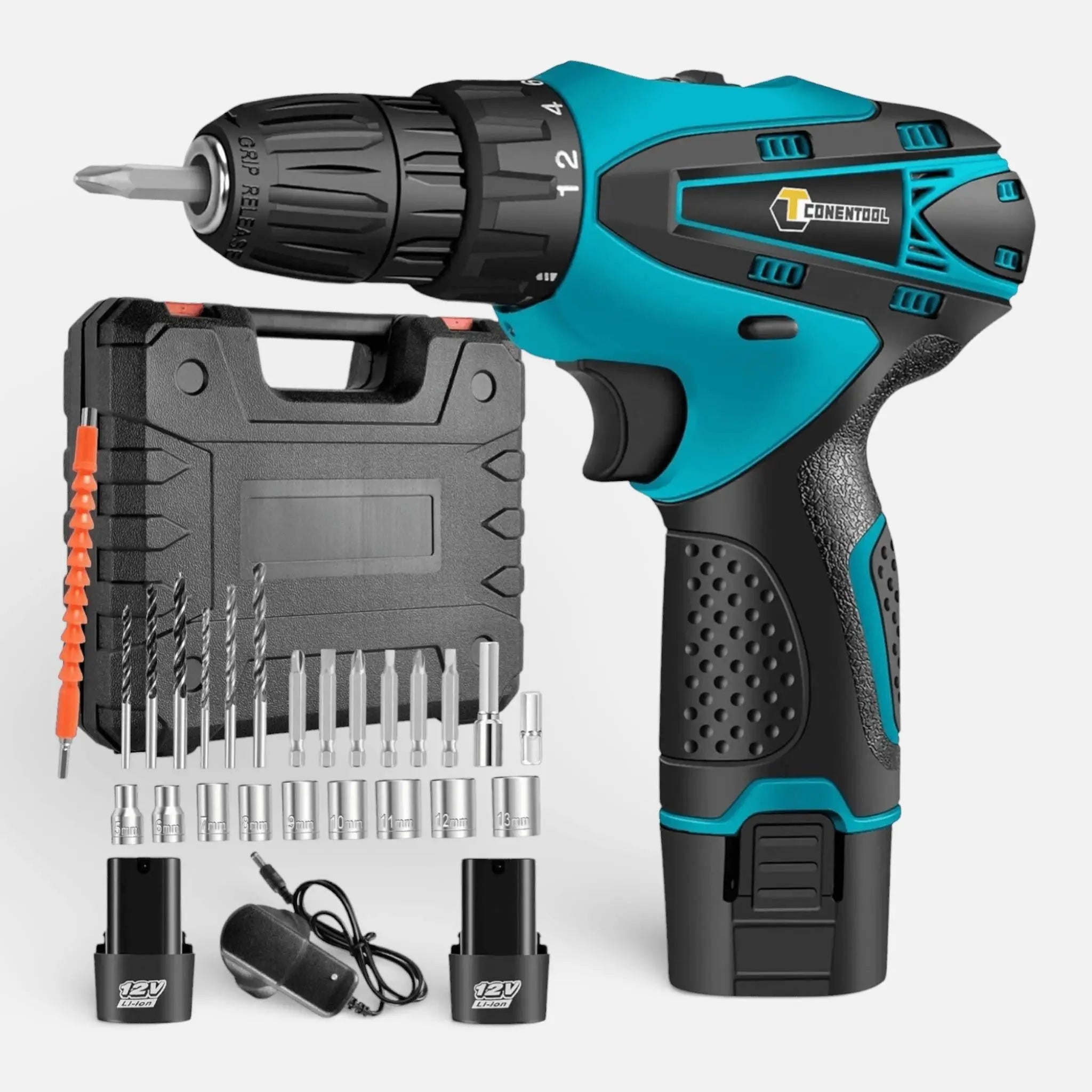 Set bormasina electrica cu 2 acumulatori 12V, 24 accesorii, 1400 RPM