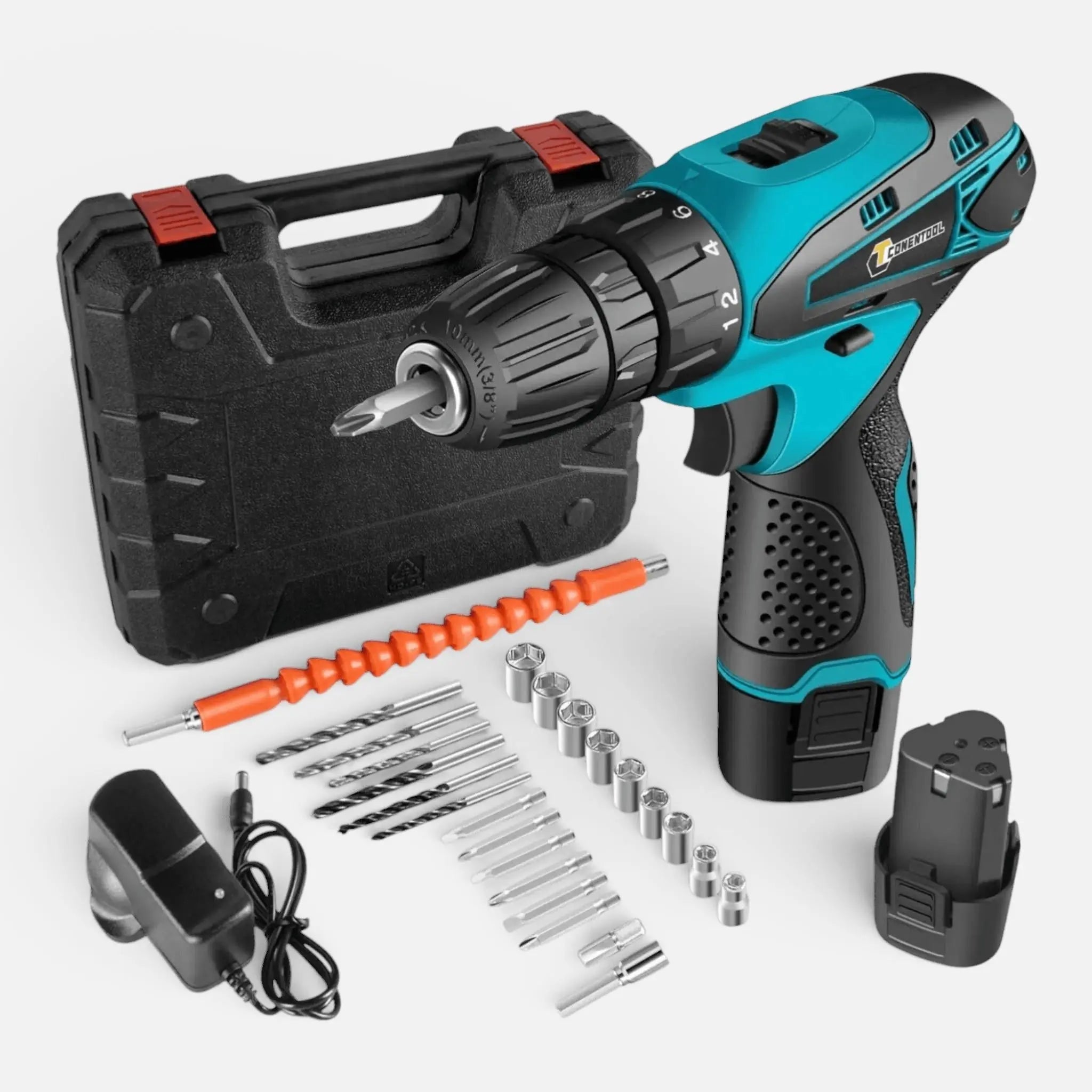 Set bormasina electrica cu 2 acumulatori 12V, 24 accesorii, 1400 RPM