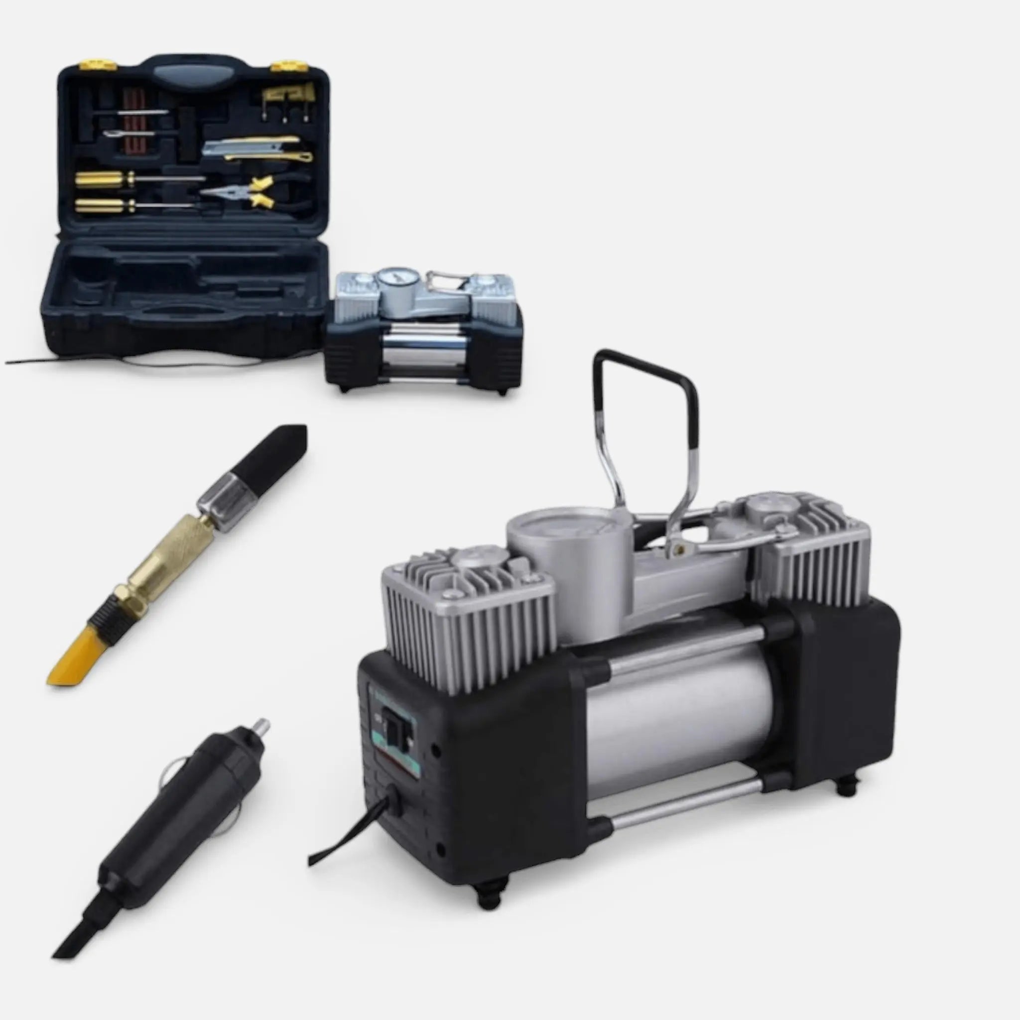 Kit pana auto complet, compresor 2 cilindri, 500W, 12V, debit 60 l/min, furtun 5m, metal, protectie suprasarcina