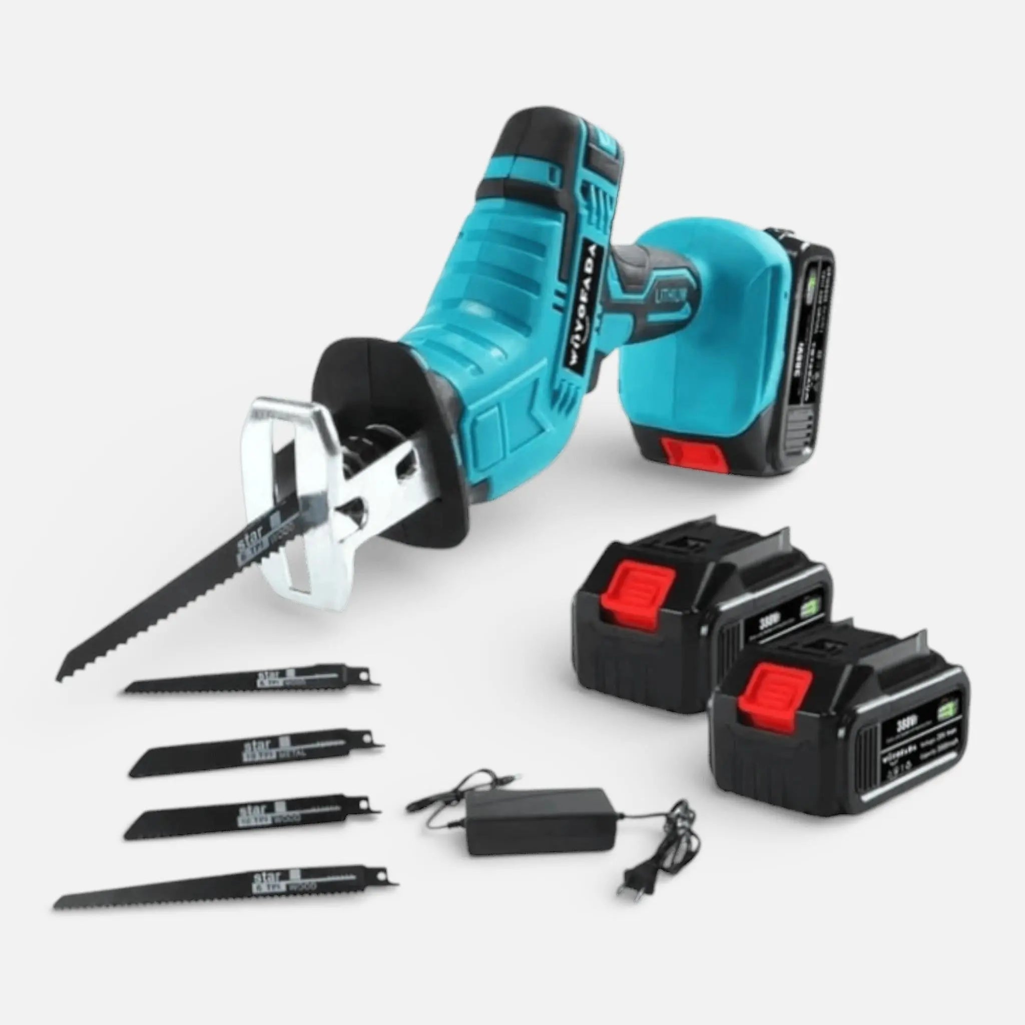 Mini fierastrau electric tip sabie, 2 acumulatori 48V 8000 mAh, 4 panze, valiza