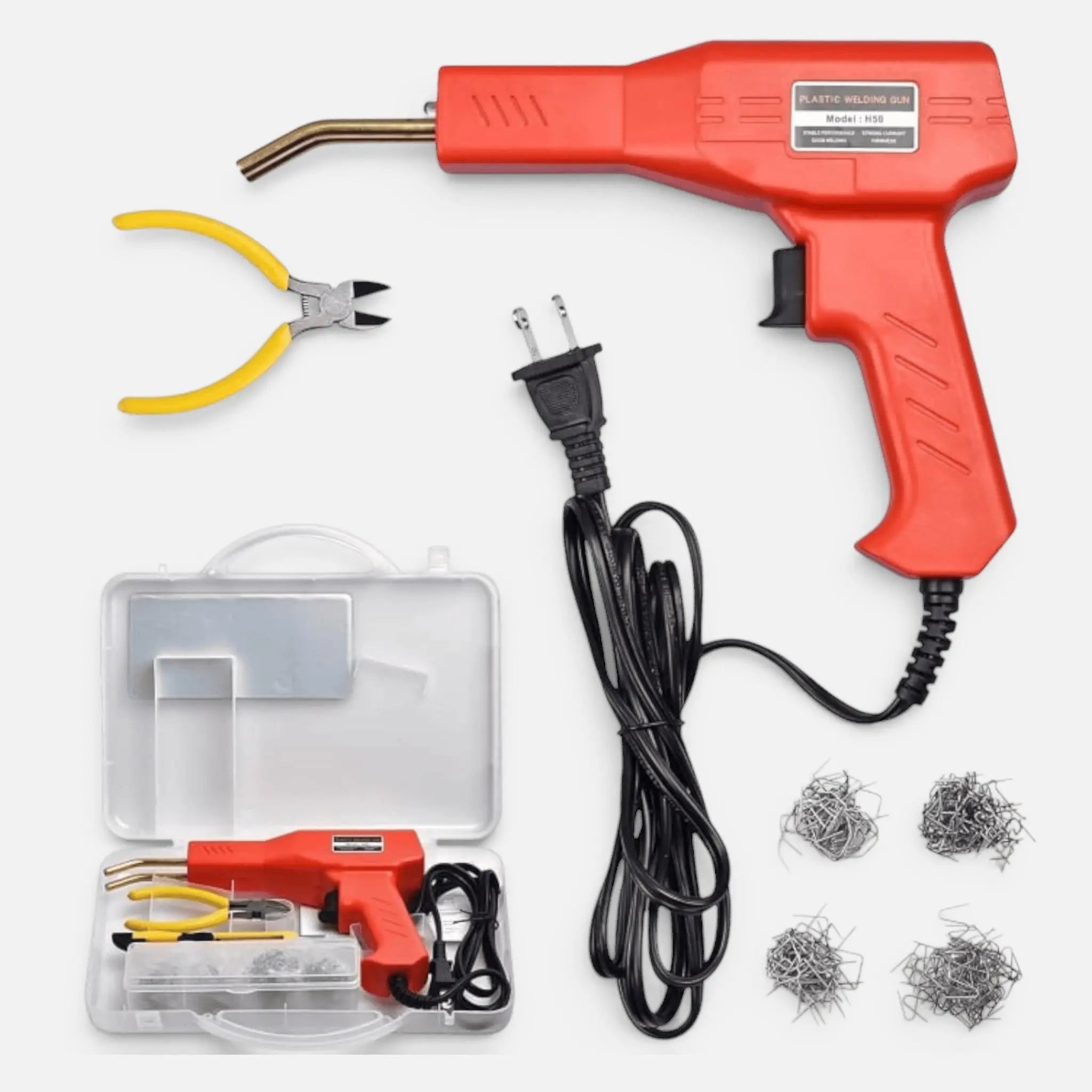 Set pistol pentru lipit plastic, sudat plastic, repararea fisurilor, 50W, 200 capse, cutie inclusa